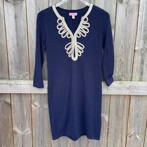 Lilly Pulitzer Women Devlin Merino Wool Shift Sweater Dress 3/4‎ Sleeve Blue XS